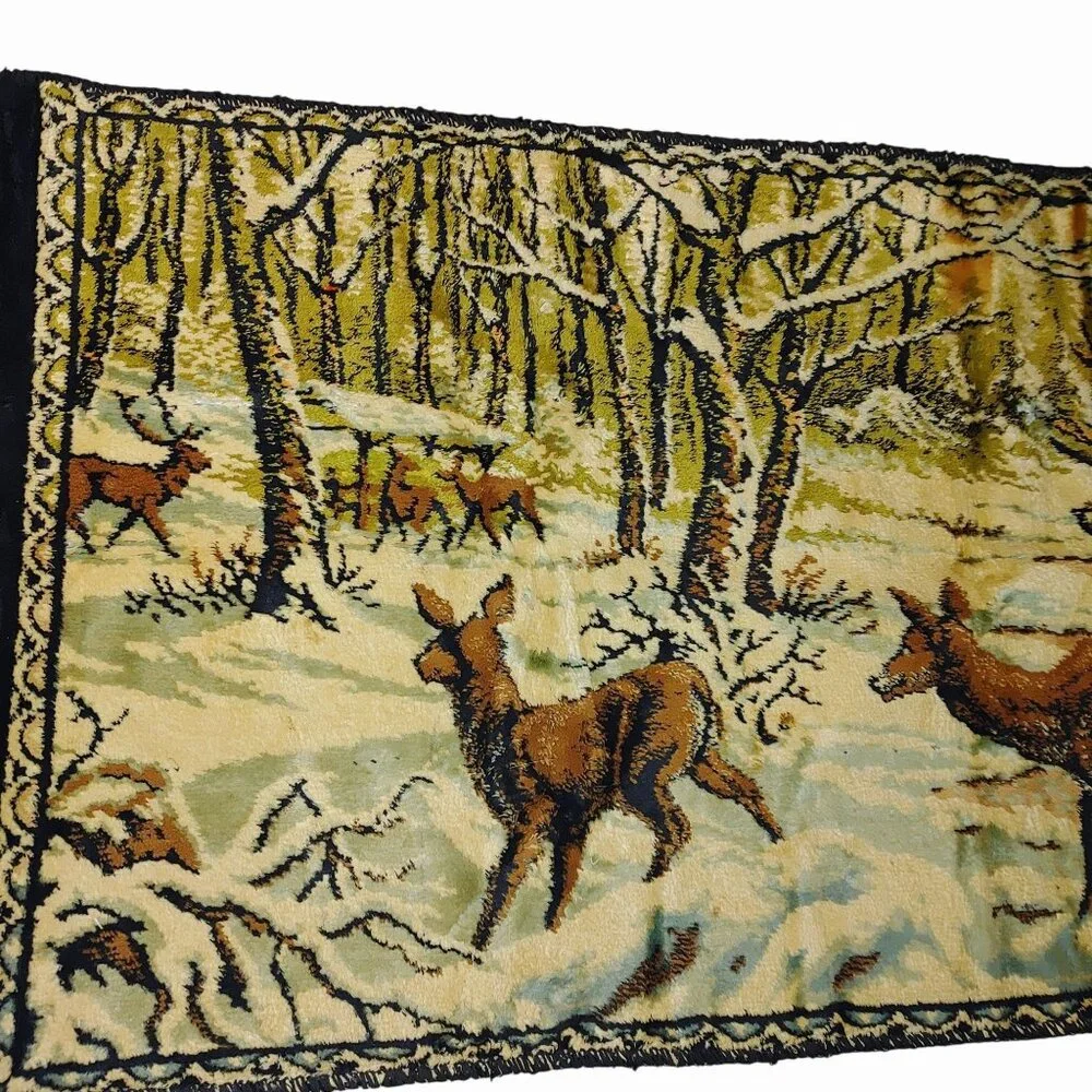 Deer Forest Long Tapestry Wall Hanging Scenic Winter Landscape Vintage Woven